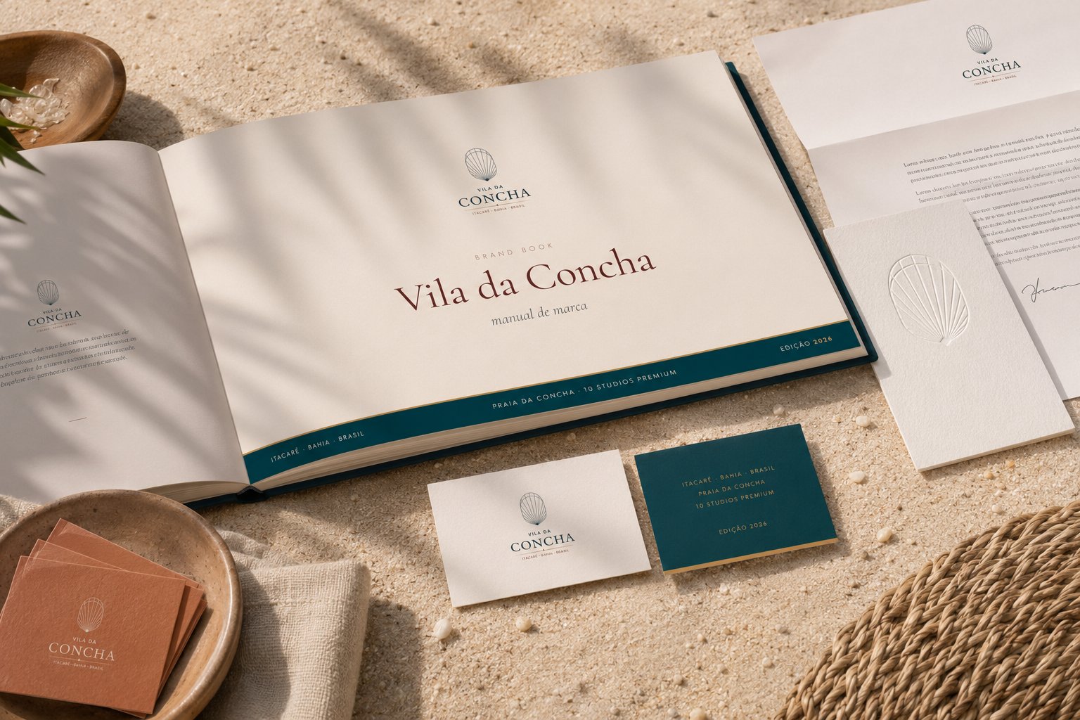 Brand book da Vila da Concha: manual de marca impresso e papelaria na paleta petróleo e terracota